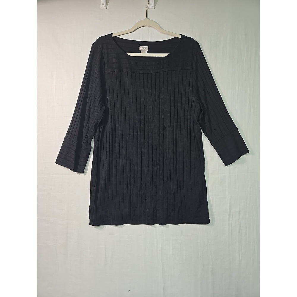 Chicos Tunic Top Women's‎ Size 2 Large L Black Ribbed 3/4 Sleeves Rayon Spandex